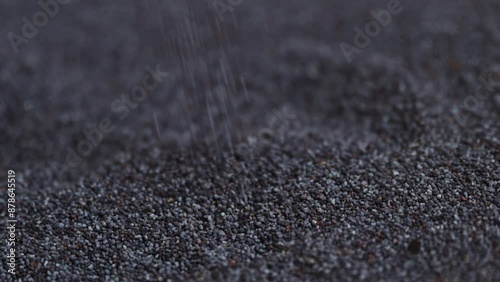 Poppy seed pile, texture of raw seeds of Papaver somniferum photo