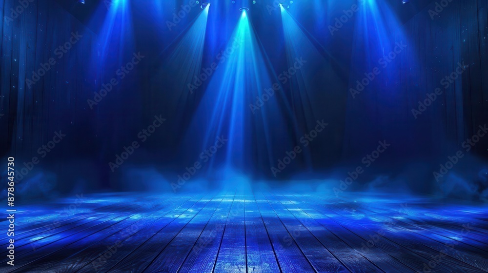 Obraz premium empty stage with dramatic blue spotlights in dark room theater background illustration