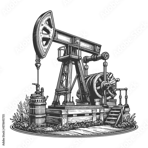 oil pump jack nodding donkey, detailed industrial design and mechanical elements sketch engraving generative ai vector illustration. Scratch board imitation. Black and white image.