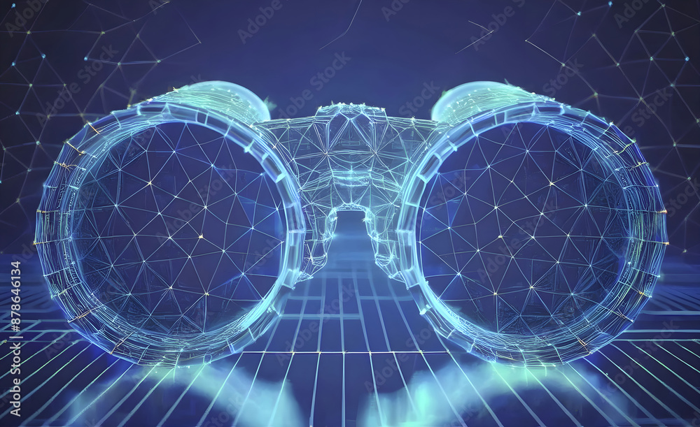 digital blue binocular with data streams, ai in visual recognition systems, augmented reality