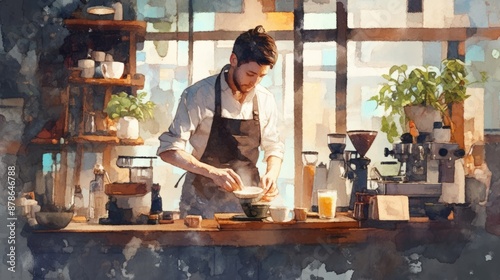 A watercolor painting of a barista crafting latte art, focused expression, rich coffee aroma filling the air, cozy shop setting with wooden decor. 