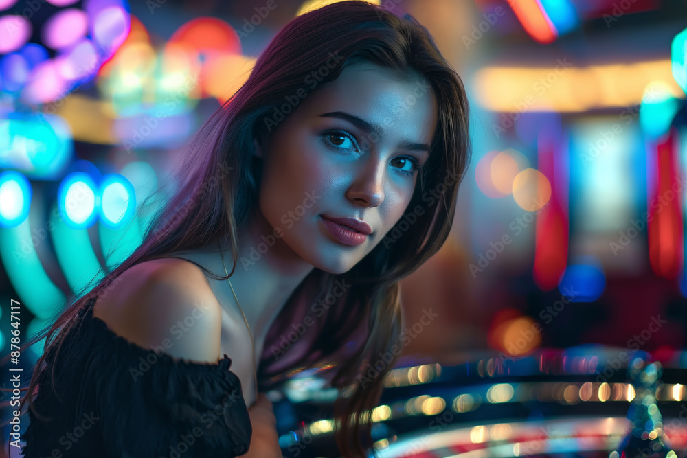 Elegant Young Woman in Neon Lit Casino Setting Captivating Nightlife Portrait Elegant Young Woman in Neon Lit Casino Setting Captivating Nightlife Portrait
