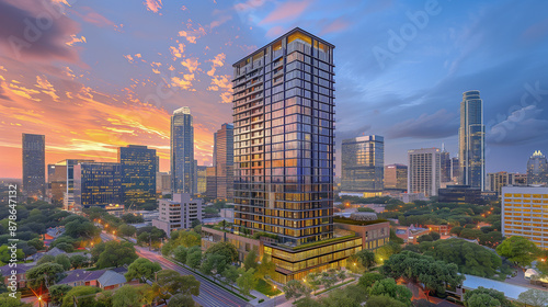 Skyscraper in Vibrant Cityscape at Sunset