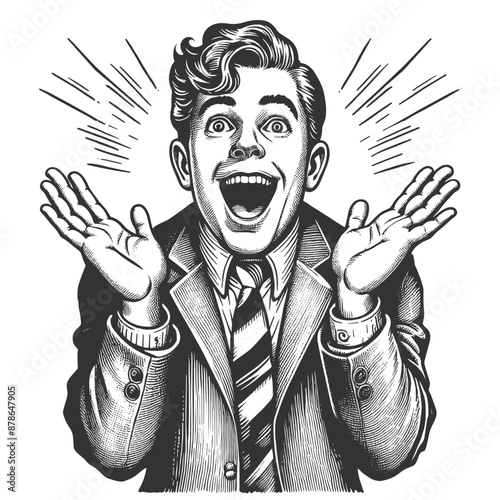 Happy surprised ecstatic man in a suit with hands raised and a wide smile, joy and excitement sketch engraving generative ai fictional character vector illustration. Black and white image.