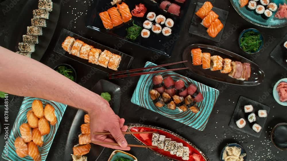 Top view of traditional japanese cuisine . Sushi rolls set with salmon , tuna fish and vegetable served on black stone table . Asian food on black stone slate with chopsticks . Camera movement .