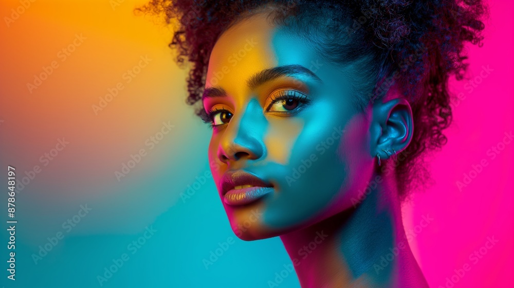A woman with a colorful background and a purple and blue hair. She has a very bright and colorful look A woman with a colorful background and a purple and blue hair. She has a very bright and colorful look