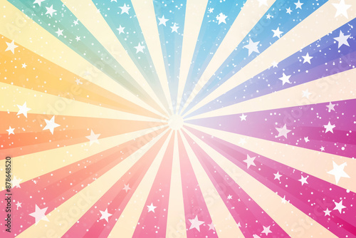 Rainbow background with rays and stars, bright multicolor design with glowing effect