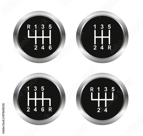 Automotive gearbox. Gear shift knob icon. Transmission vector icon, car symbol. Vector illustration