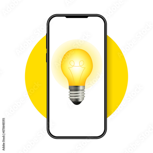 Light Bulb on Smartphone Screen. Render Cartoon Yellow Idea Bulb Icon. Idea, solution, innovation concept. Creative design. Vector illustration