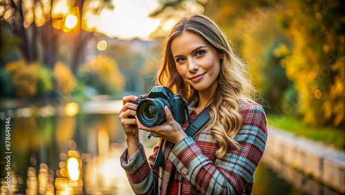 Wallpaper Mural Woman with camera in autumn park. Torontodigital.ca