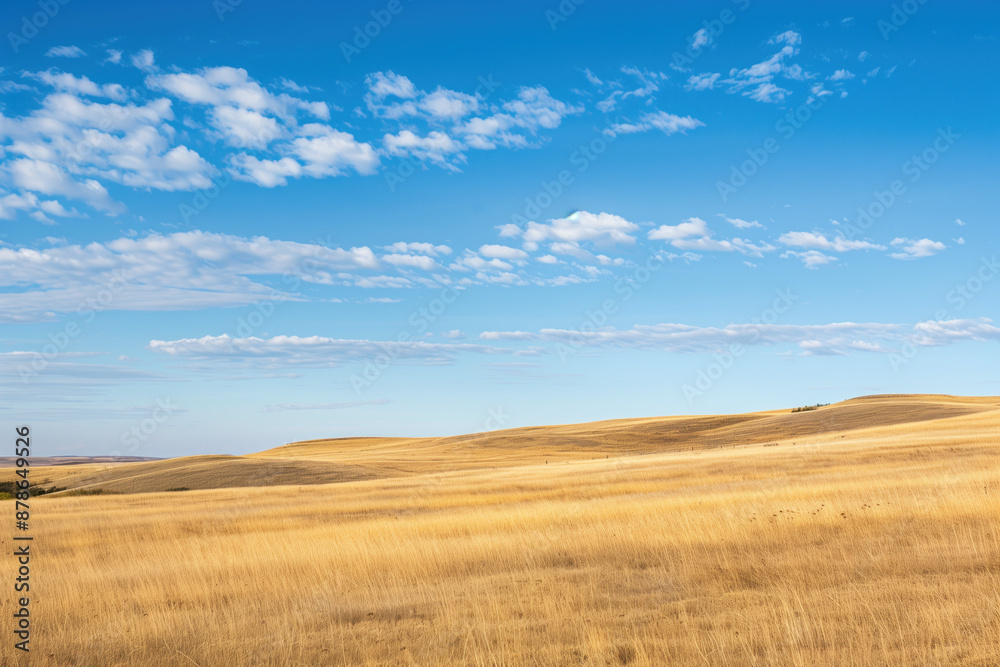 Serene prairie landscape with blue sky and clouds Serene prairie landscape with blue sky and clouds