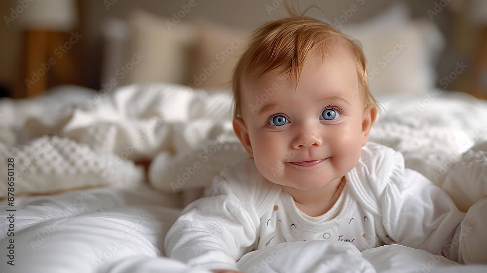 Closeup photo of cute little baby with white cloths and pretty smile on a cozy white bed linen Closeup photo of cute little baby with white cloths and pretty smile on a cozy white bed linen