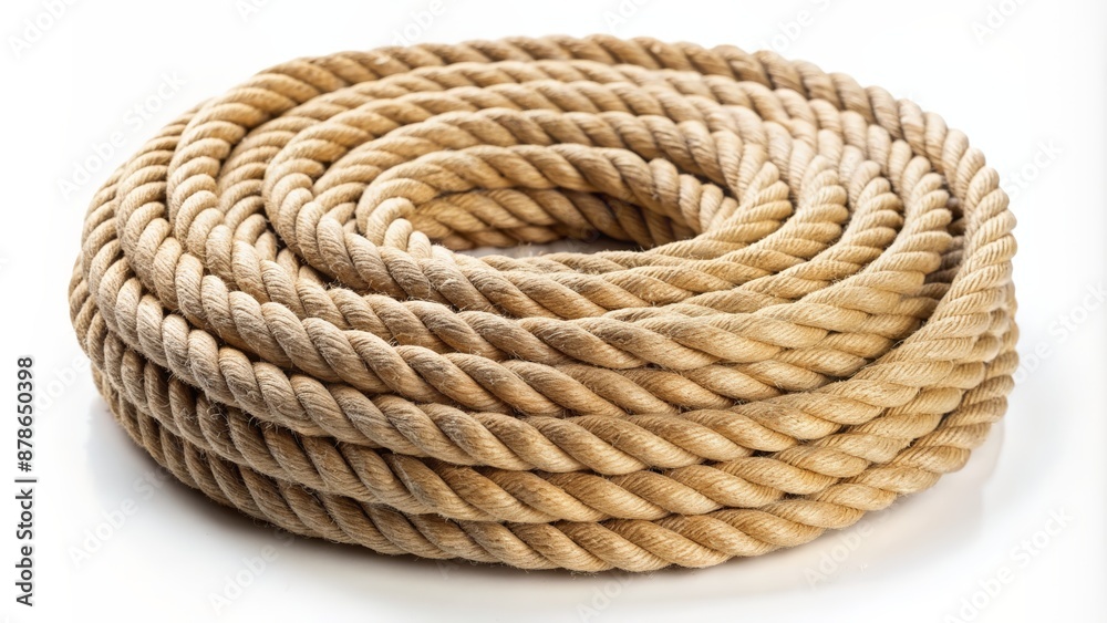 Softly lit, neatly coiled, earthy toned natural fiber rope lies isolated on a pristine white background, exuding rustic, organic charm. Softly lit, neatly coiled, earthy toned natural fiber rope lies isolated on a pristine white background, exuding rustic, organic charm.