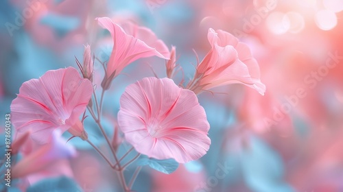 Closeup of pink morning glory flowers in a soft pastel ambiance with dreamy lighting, creating an aesthetic scene