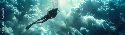 Wallpaper Mural Diver swimming among the clouds, highly realistic, surreal sky scene, aquatic aerial environment, clouds and water blend Torontodigital.ca