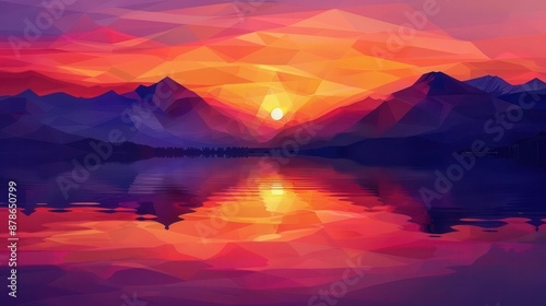 fiery sunrise over serene mountain lake geometric vector style minimalist landscape with sharp angles vibrant oranges and deep purples reflecting on still water surface