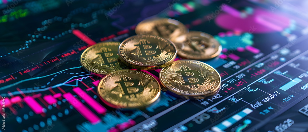 Global recession. Financial crisis. Image of golden bitcoin rising among piles of other crypto coins on digital background of chart, Investment Risks in Crypto Businesses Global recession. Financial crisis. Image of golden bitcoin rising among piles of other crypto coins on digital background of chart, Investment Risks in Crypto Businesses