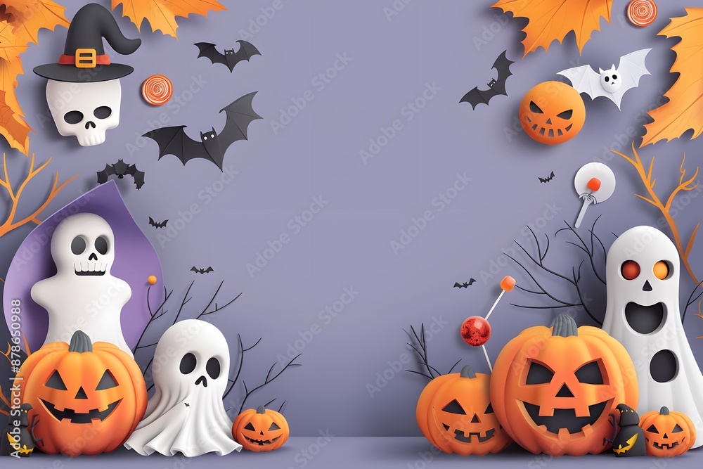 Spooky Halloween scene with ghosts, pumpkins, bats, and skulls set against a purple background. Spooky Halloween scene with ghosts, pumpkins, bats, and skulls set against a purple background.