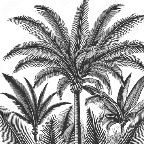 tall palm trees alongside desert cacti, blending tropical and arid landscapes sketch engraving generative ai fictional character vector illustration. Scratch board imitation. Black and white image.