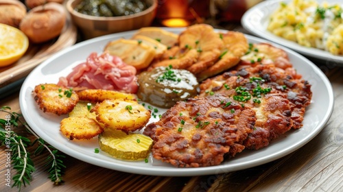 Classical schnitzels with assorted toppings on white plate horizontal image