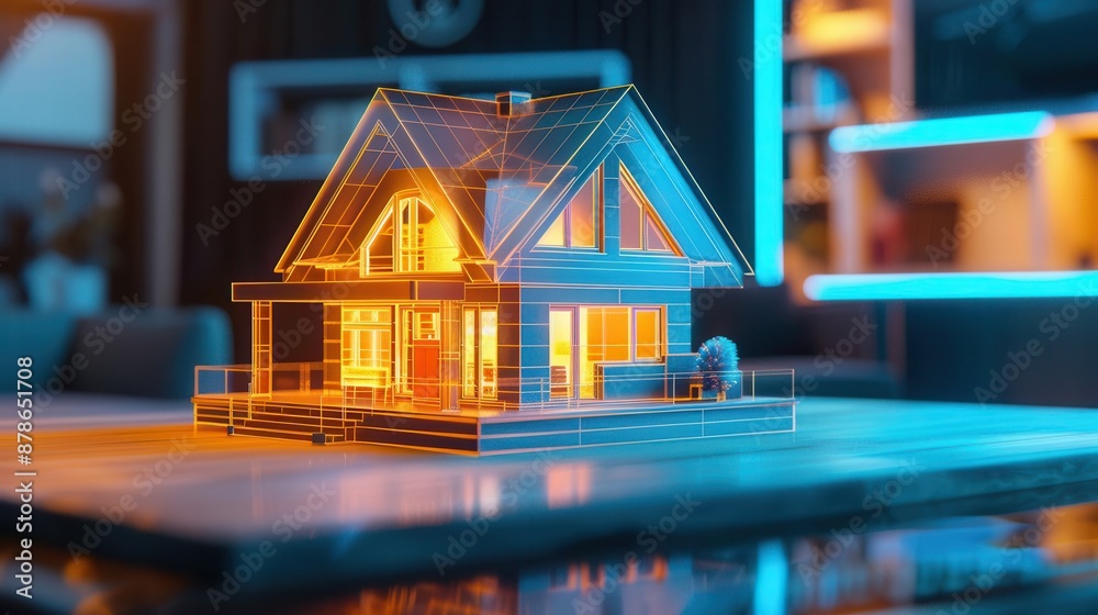 futuristic 3d holographic model of a small house on a table in a real estate agency digital concept illustration futuristic 3d holographic model of a small house on a table in a real estate agency digital concept illustration