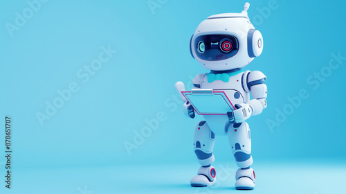 Futuristic robot with a bow tie holding a tablet on a solid blue background.