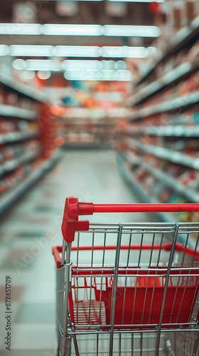 supermarket cart in the middle of the aisles with blurred products