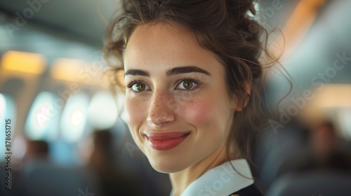 Professional Female Flight Attendant With Freckles On Airplane, Natural Light, Close-Up Portrait, Travel Industry, Warm Tones, Professional Uniform, Mid-Flight, Positive Emotion, Blurred Background
