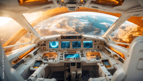 Fototapeta Naklejka Na Ścianę i Meble -  A modern spaceship cockpit with a view of Earth