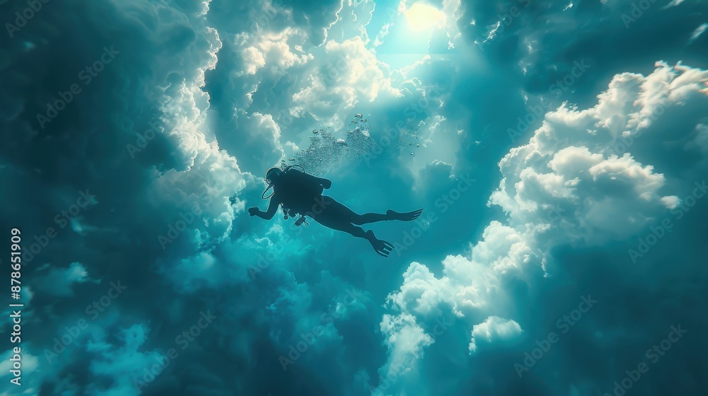 A diver swimming through the sky, highly realistic, surreal scene, sky diving, clouds and water, aerial exploration A diver swimming through the sky, highly realistic, surreal scene, sky diving, clouds and water, aerial exploration
