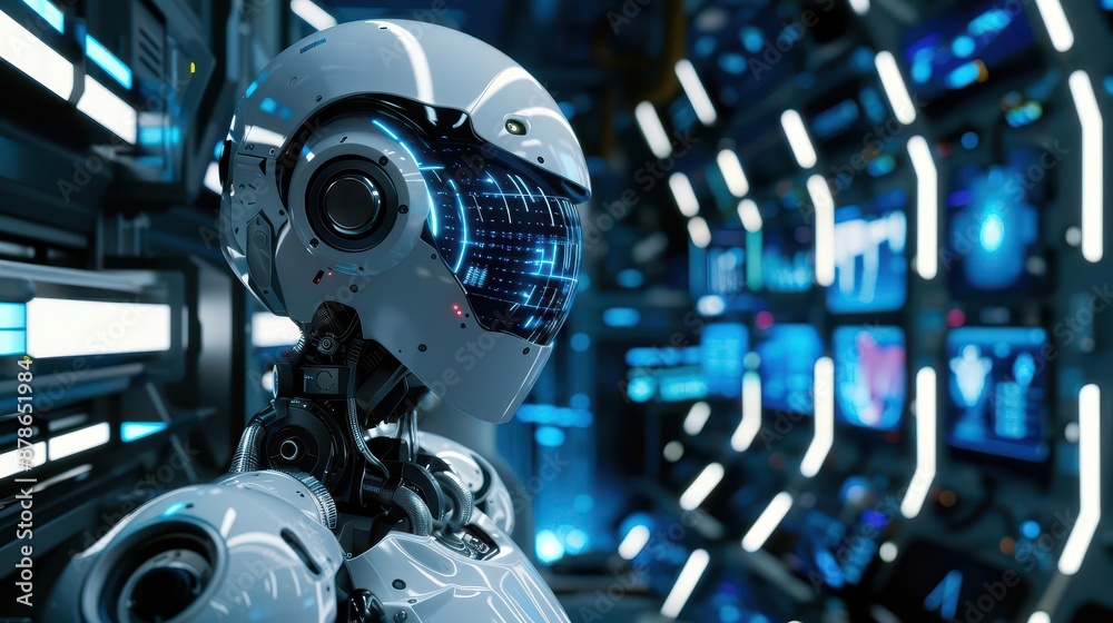 Fototapeta premium futuristic android in a sleek minimalist laboratory surrounded by holographic displays and advanced robotics soft blue lighting highlights metallic surfaces