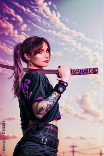 female ninja with a katana in her hand on her shoulders looks from behind with a serious look with purple hair and ponytails in punk anime style against the sky