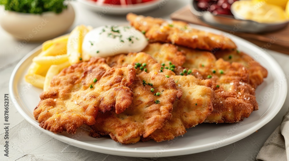 Classical schnitzels with assorted toppings on white plate horizontal image Classical schnitzels with assorted toppings on white plate horizontal image