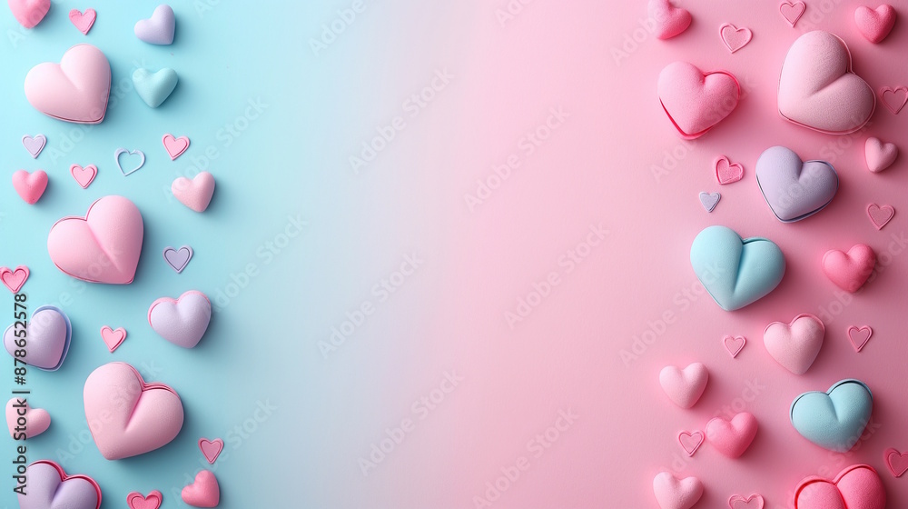 Pastel-colored hearts on a pink and blue background. Concept for Valentine's Day and Girlfriend Day