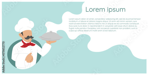 Creative stylized body chef with blank face and a large mustache holding a silver platter, pizza vector flat design illustration with a light brown color palette	
