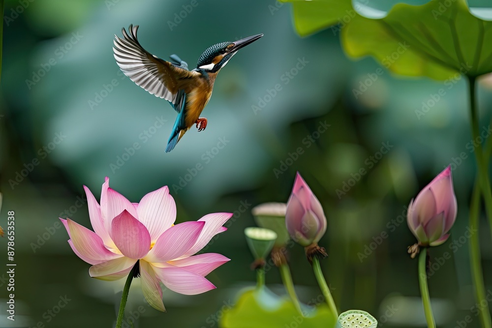 Fototapeta premium Vibrant Bird Near Lotus Blossom in Pond