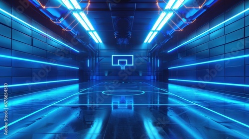 Futuristic basketball court with a glowing blue neon design, illuminated by blue lights