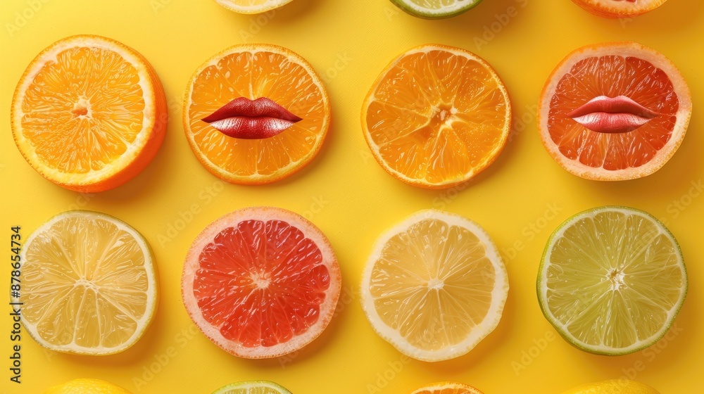 Fototapeta premium Colorful fruit slices with lips on yellow background Expression in modern art collage
