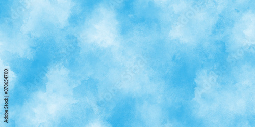 blue watercolor splash stroke of cloudy sky background, Pastel sky blue paper texture pattern background, soft cloudy sky blue watercolor background with soft tiny fogg or clouds.
