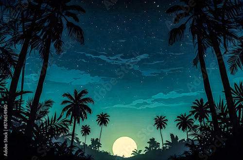 Silhouette of jungle trees against a moonlit sky vector art illustration images.  © Ariyan