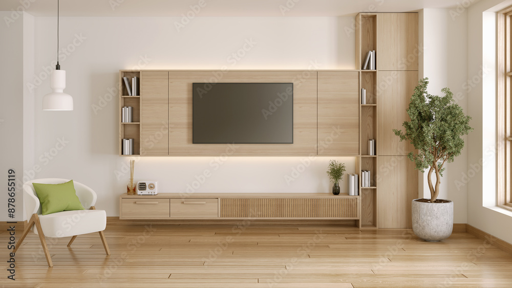 TV cabinet with wood shelf and white armchair in modern minimal room. TV cabinet with wood shelf and white armchair in modern minimal room.
