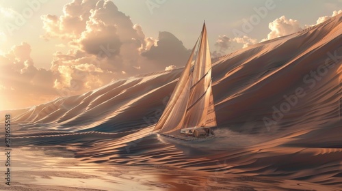 A sailboat sailing through the desert, highly realistic, surreal scene, sandy waves, nautical desert, unique journey