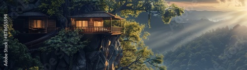 Hyperrealistic treehouse on a steep cliff, mountain top living, immersive nature, elevated haven, breathtaking summit view © kitidach