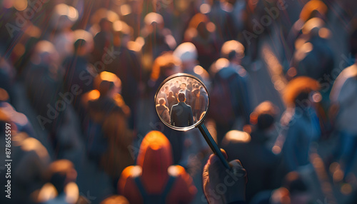 Businessman is studying a crowd of people with a magnifying glass. Hr search candidates for work, staff recruiting