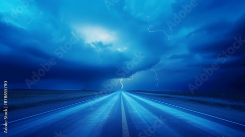 Dramatic thunderstorm over a deserted highway at night with intense lightning strikes and dark clouds.