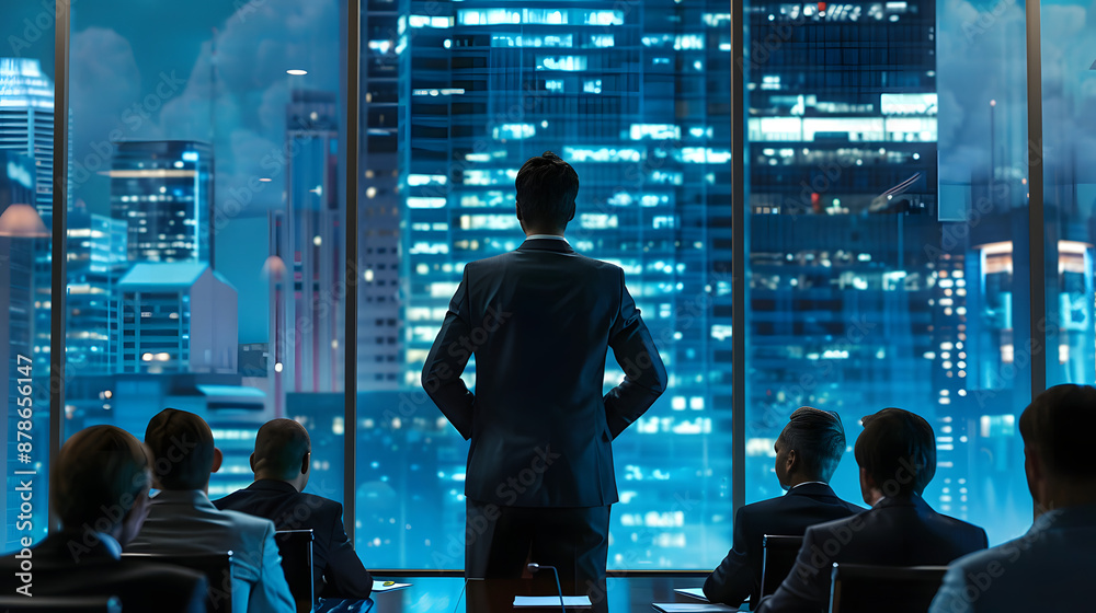 Business leader standing at the forefront of a boardroom looking at the city skyline. Business leadership concept. 