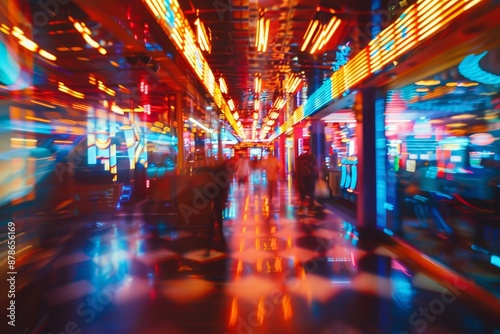Wallpaper Mural A blurred view of a city street with bright lights and colorful patterns at night, Bright lights and colorful patterns in a bustling casino Torontodigital.ca