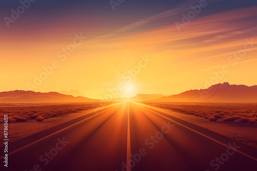 Golden sunrise over a deserted highway stretching into the distance, capturing the vastness and tranquility of the open road. © AArt