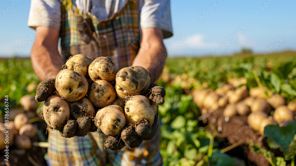 A farmer holds up their potatoes harvest contrasting with the green field A farmer holds up their potatoes harvest contrasting with the green field