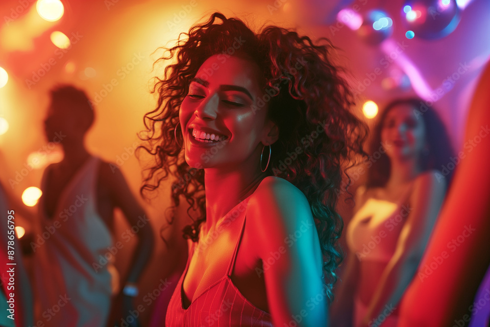 beautiful woman at party people dancing in the night club, chilling on dance floor, having fun hanging out night, Young woman immersed in dancing, colorful nightclub lights in background beautiful woman at party people dancing in the night club, chilling on dance floor, having fun hanging out night, Young woman immersed in dancing, colorful nightclub lights in background